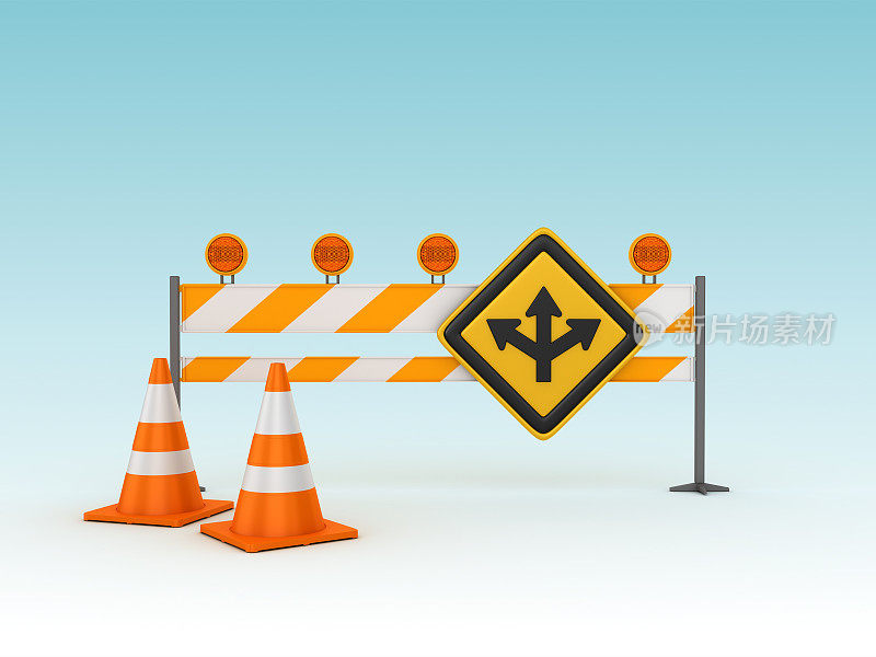 Division Ahead Road Sign with Barrier and Cones - 3D渲染